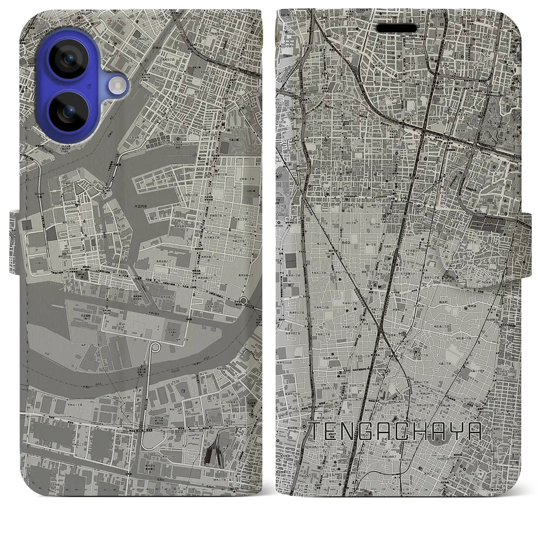 【天下茶屋(大阪府)】地図柄iPhoneケース(手帳タイプ)モノトーン・iPhone 16 Pro Max 用