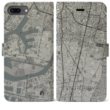 【天下茶屋（大阪府）】地図柄iPhoneケース（手帳タイプ）モノトーン・iPhone 8Plus /7Plus / 6sPlus / 6Plus 用