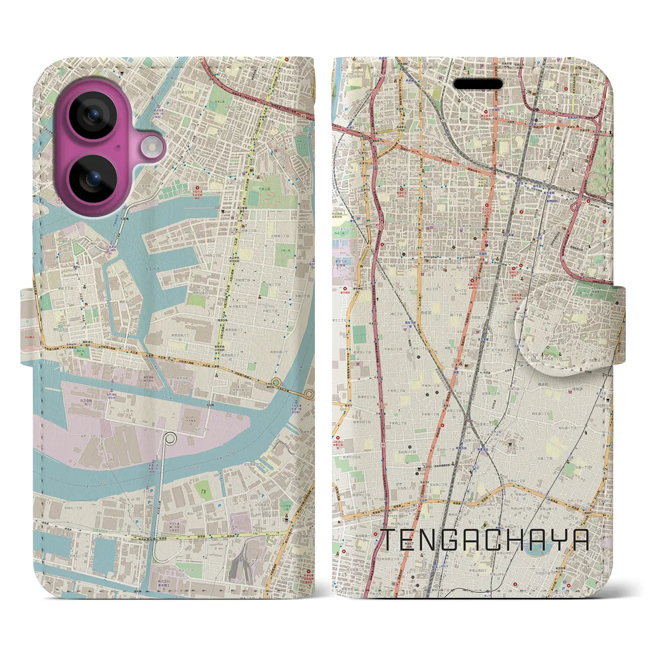 【天下茶屋（大阪府）】地図柄iPhoneケース（手帳タイプ）ナチュラル・iPhone 16 Pro 用