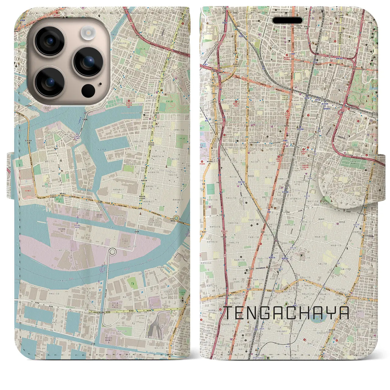 【天下茶屋（大阪府）】地図柄iPhoneケース（手帳タイプ）ナチュラル・iPhone 16 Plus 用