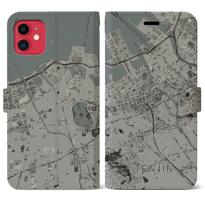 【天神（福岡県）】地図柄iPhoneケース（手帳タイプ）モノトーン・iPhone 11 用
