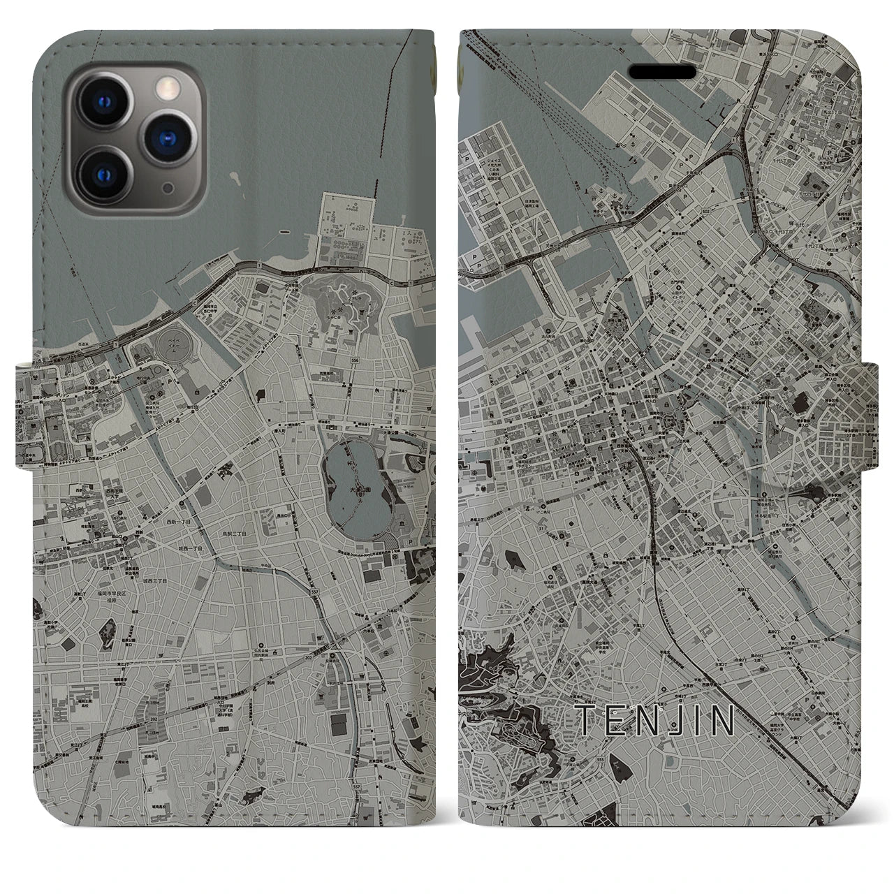 【天神】地図柄iPhoneケース（手帳両面タイプ・モノトーン）iPhone 11 Pro Max 用