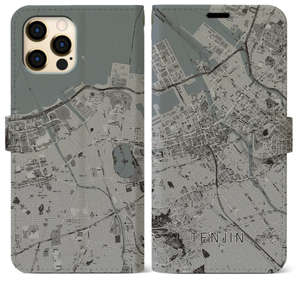 【天神（福岡県）】地図柄iPhoneケース（手帳タイプ）モノトーン・iPhone 12 Pro Max 用