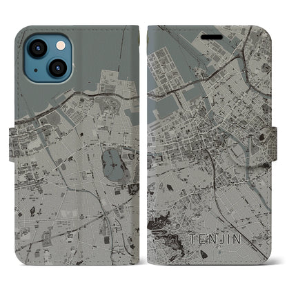 【天神（福岡県）】地図柄iPhoneケース（手帳タイプ）モノトーン・iPhone 13 用