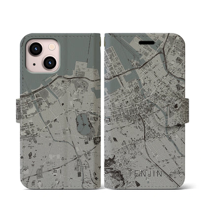 【天神（福岡県）】地図柄iPhoneケース（手帳タイプ）モノトーン・iPhone 13 mini 用