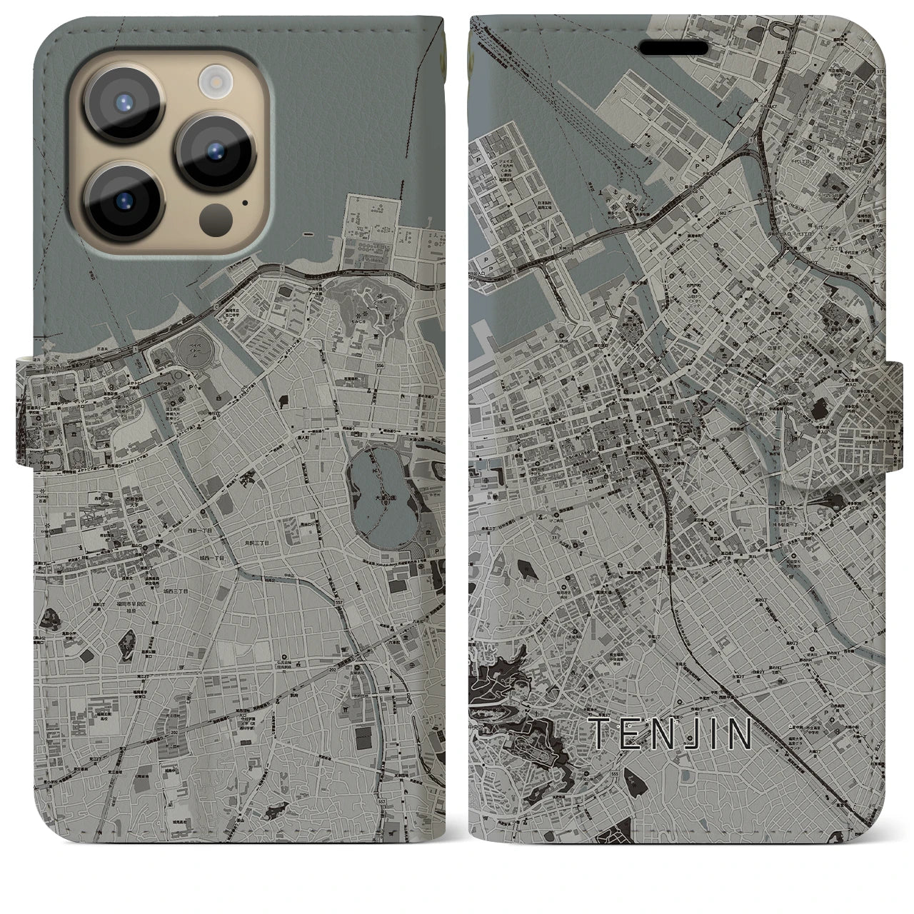 【天神】地図柄iPhoneケース（手帳両面タイプ・モノトーン）iPhone 14 Pro Max 用