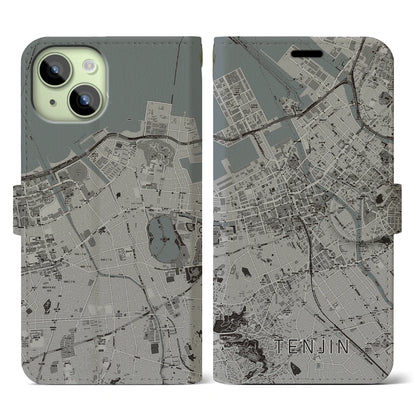 【天神（福岡県）】地図柄iPhoneケース（手帳タイプ）モノトーン・iPhone 15 用