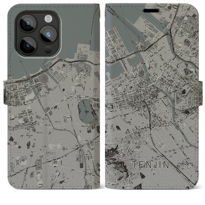 【天神（福岡県）】地図柄iPhoneケース（手帳タイプ）モノトーン・iPhone 15 Pro Max 用