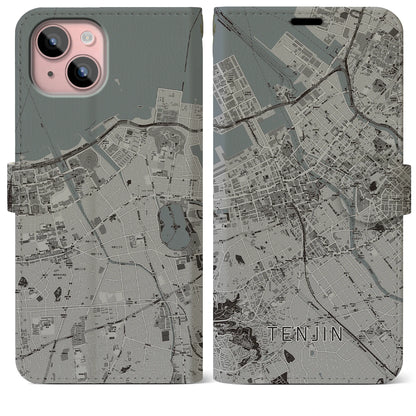 【天神（福岡県）】地図柄iPhoneケース（手帳タイプ）モノトーン・iPhone 15 Plus 用