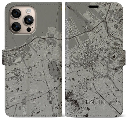 【天神（福岡県）】地図柄iPhoneケース（手帳タイプ）モノトーン・iPhone 16 Plus 用