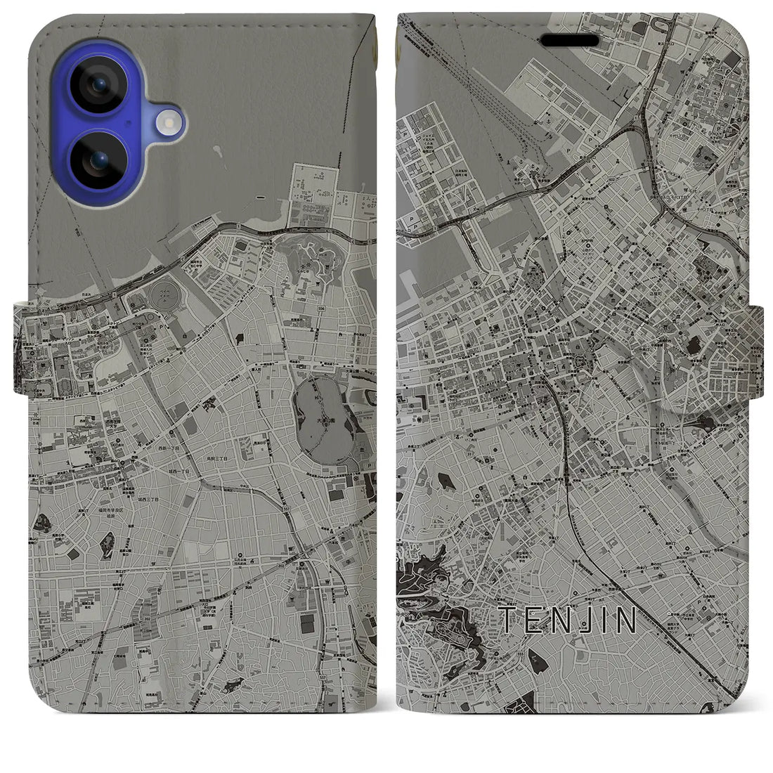 【天神(福岡県)】地図柄iPhoneケース(手帳タイプ)モノトーン・iPhone 16 Pro Max 用