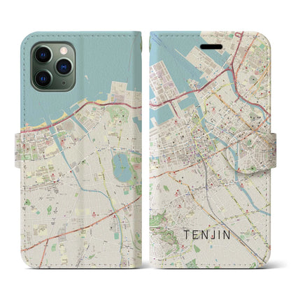 【天神（福岡県）】地図柄iPhoneケース（手帳タイプ）ナチュラル・iPhone 11 Pro 用