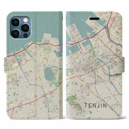 【天神（福岡県）】地図柄iPhoneケース（手帳タイプ）ナチュラル・iPhone 12 / 12 Pro 用