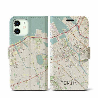 【天神（福岡県）】地図柄iPhoneケース（手帳タイプ）ナチュラル・iPhone 12 mini 用