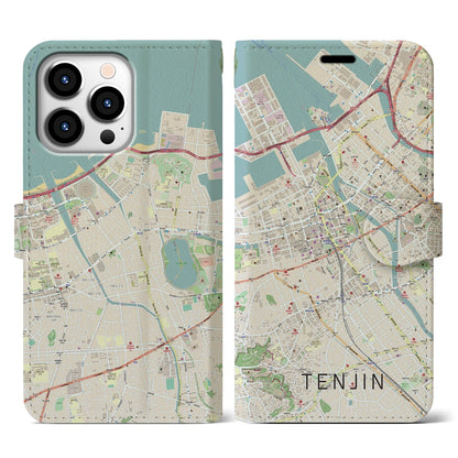 【天神（福岡県）】地図柄iPhoneケース（手帳タイプ）ナチュラル・iPhone 13 Pro 用