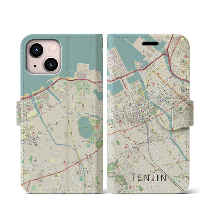 【天神（福岡県）】地図柄iPhoneケース（手帳タイプ）ナチュラル・iPhone 13 mini 用