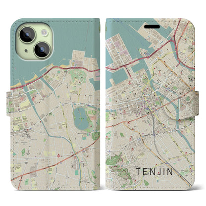 【天神（福岡県）】地図柄iPhoneケース（手帳タイプ）ナチュラル・iPhone 15 用