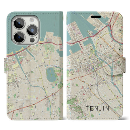 【天神（福岡県）】地図柄iPhoneケース（手帳タイプ）ナチュラル・iPhone 15 Pro 用