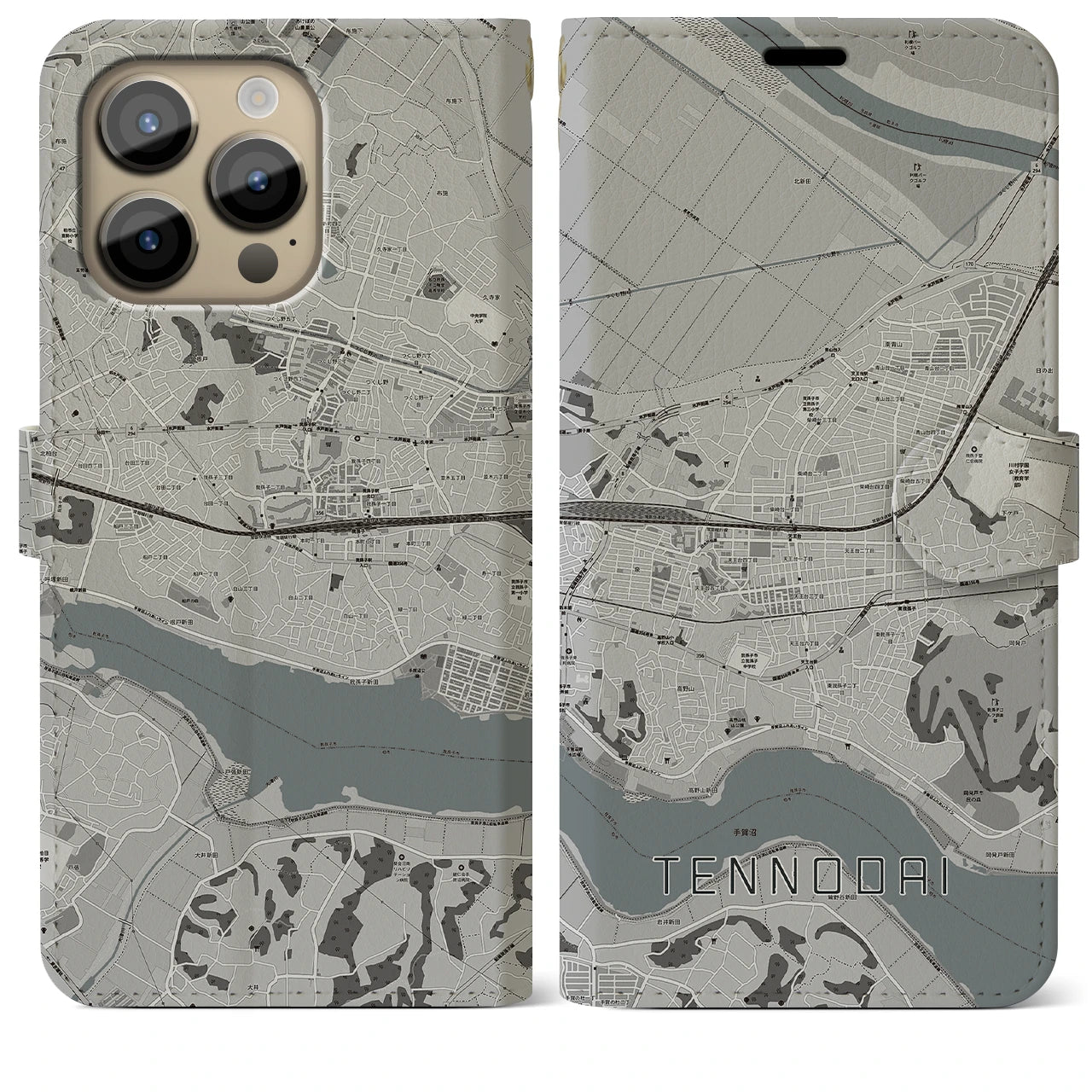 【天王台】地図柄iPhoneケース（手帳両面タイプ・モノトーン）iPhone 14 Pro Max 用