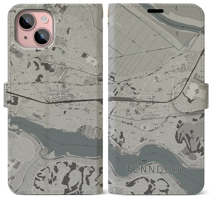 【天王台（千葉県）】地図柄iPhoneケース（手帳タイプ）モノトーン・iPhone 15 Plus 用