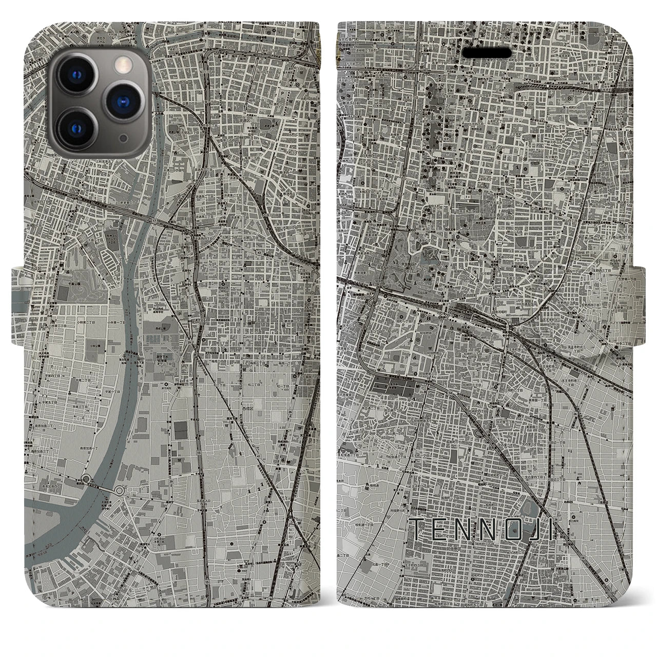 【天王寺】地図柄iPhoneケース（手帳両面タイプ・モノトーン）iPhone 11 Pro Max 用