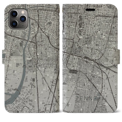 【天王寺（大阪府）】地図柄iPhoneケース（手帳タイプ）モノトーン・iPhone 11 Pro Max 用