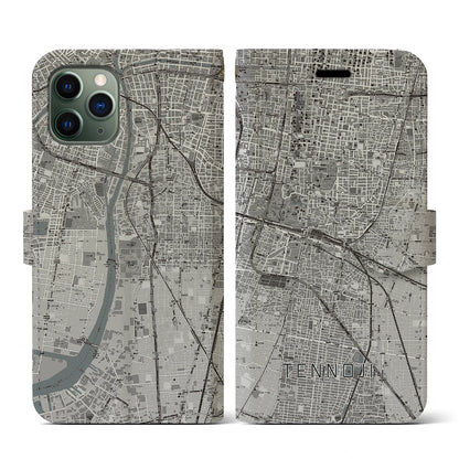 【天王寺（大阪府）】地図柄iPhoneケース（手帳タイプ）モノトーン・iPhone 11 Pro 用