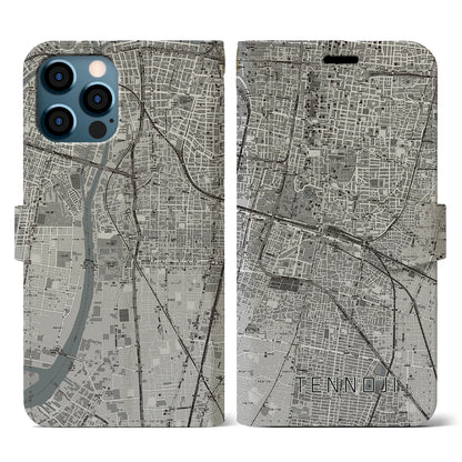 【天王寺（大阪府）】地図柄iPhoneケース（手帳タイプ）モノトーン・iPhone 12 / 12 Pro 用