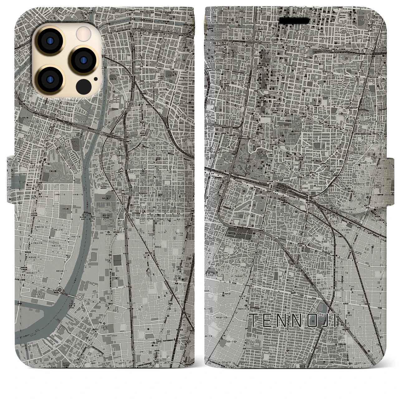 【天王寺】地図柄iPhoneケース（手帳両面タイプ・モノトーン）iPhone 12 Pro Max 用