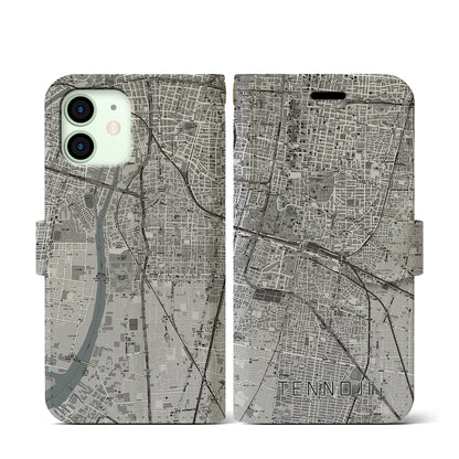 【天王寺（大阪府）】地図柄iPhoneケース（手帳タイプ）モノトーン・iPhone 12 mini 用