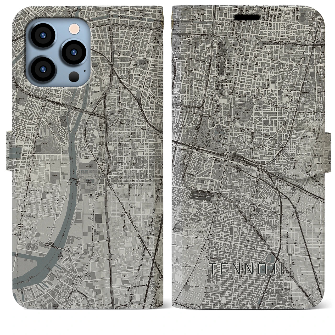 【天王寺】地図柄iPhoneケース（手帳両面タイプ・モノトーン）iPhone 13 Pro Max 用