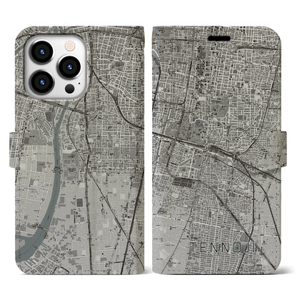 【天王寺（大阪府）】地図柄iPhoneケース（手帳タイプ）モノトーン・iPhone 13 Pro 用