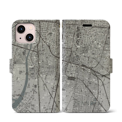 【天王寺（大阪府）】地図柄iPhoneケース（手帳タイプ）モノトーン・iPhone 13 mini 用