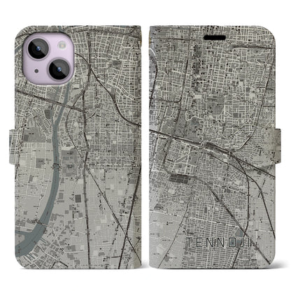 【天王寺（大阪府）】地図柄iPhoneケース（手帳タイプ）モノトーン・iPhone 14 用