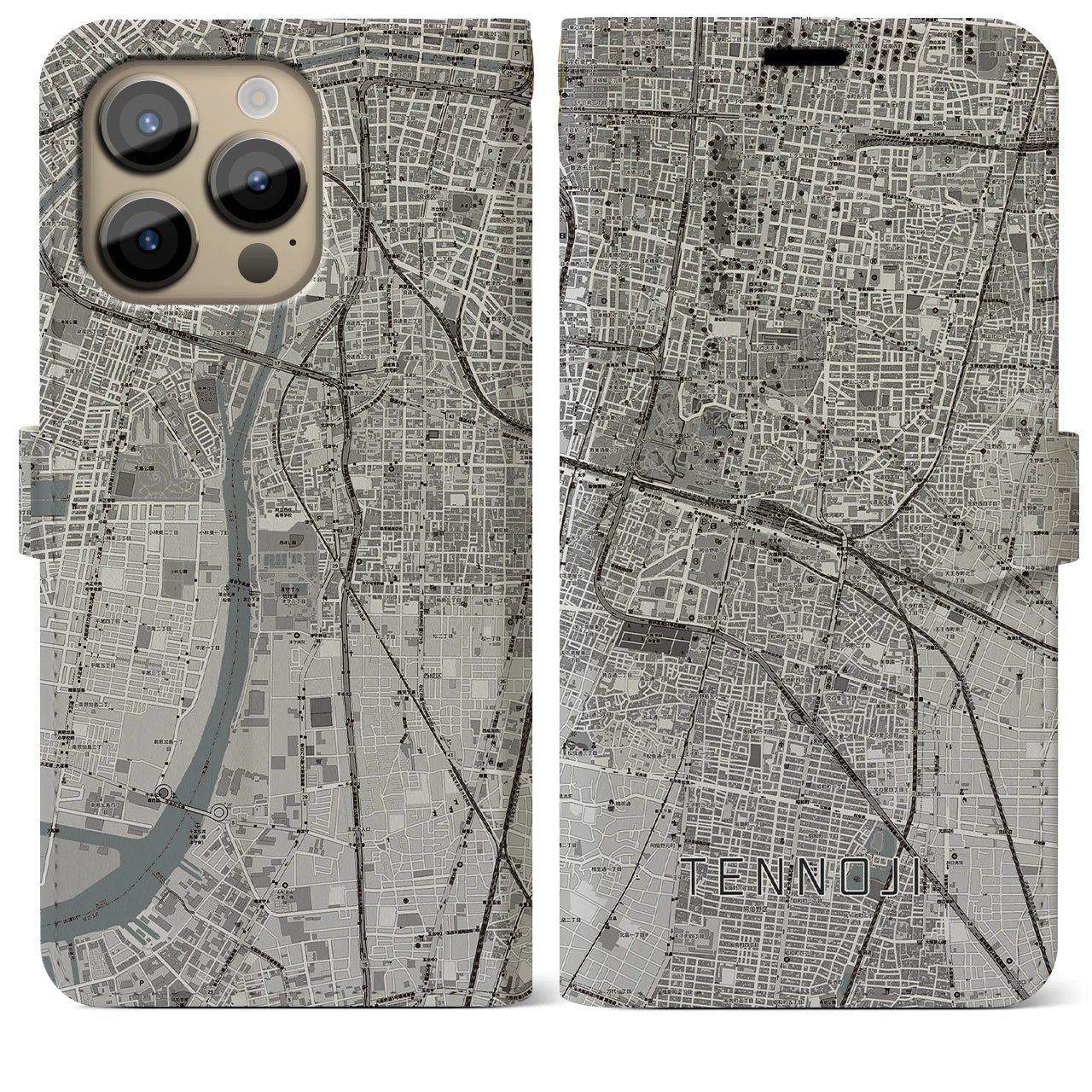 【天王寺】地図柄iPhoneケース（手帳両面タイプ・モノトーン）iPhone 14 Pro Max 用