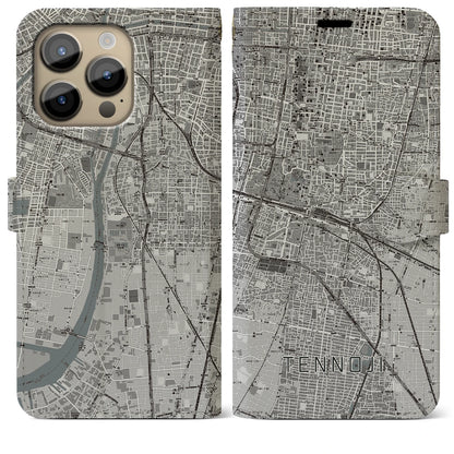 【天王寺（大阪府）】地図柄iPhoneケース（手帳タイプ）モノトーン・iPhone 14 Pro Max 用