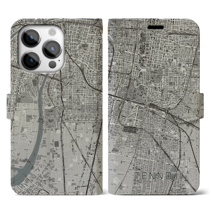 【天王寺（大阪府）】地図柄iPhoneケース（手帳タイプ）モノトーン・iPhone 14 Pro 用