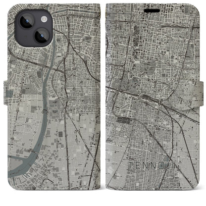 【天王寺（大阪府）】地図柄iPhoneケース（手帳タイプ）モノトーン・iPhone 14 Plus 用