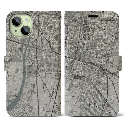 【天王寺（大阪府）】地図柄iPhoneケース（手帳タイプ）モノトーン・iPhone 15 用