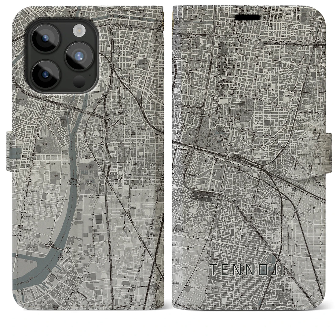 【天王寺】地図柄iPhoneケース（手帳両面タイプ・モノトーン）iPhone 15 Pro Max 用