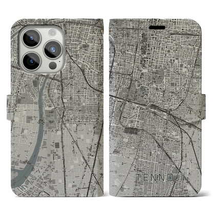 【天王寺（大阪府）】地図柄iPhoneケース（手帳タイプ）モノトーン・iPhone 15 Pro 用