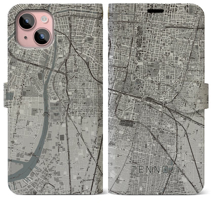 【天王寺（大阪府）】地図柄iPhoneケース（手帳タイプ）モノトーン・iPhone 15 Plus 用