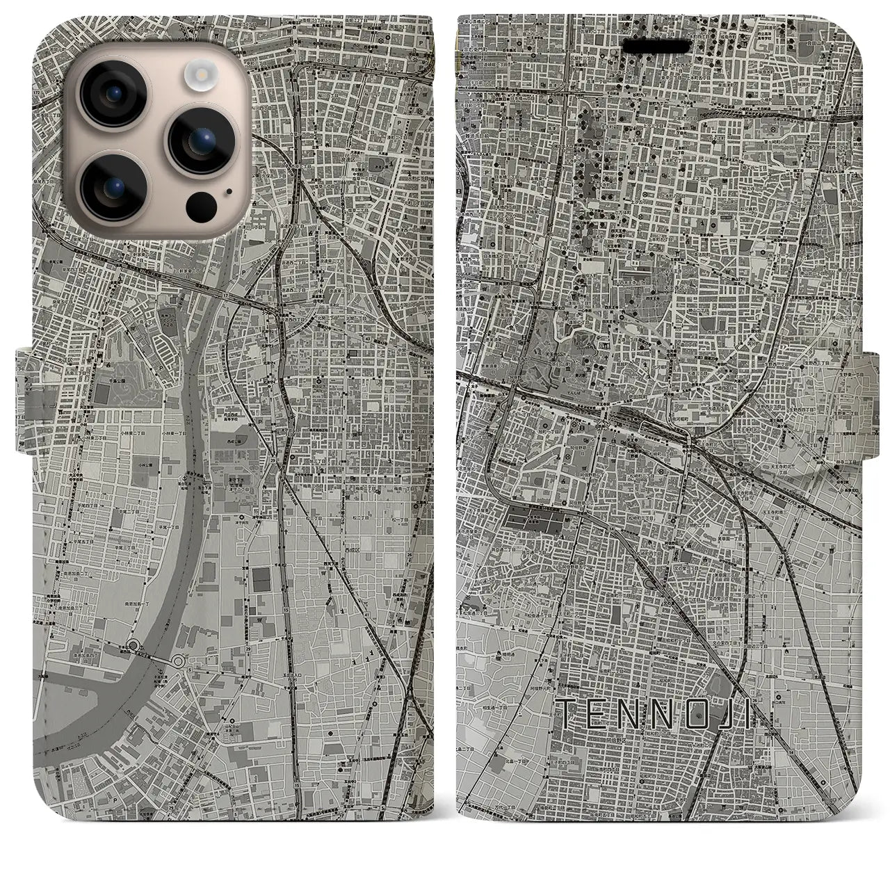 【天王寺（大阪府）】地図柄iPhoneケース（手帳タイプ）モノトーン・iPhone 16 Plus 用