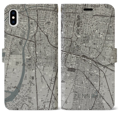 【天王寺（大阪府）】地図柄iPhoneケース（手帳タイプ）モノトーン・iPhone XS Max 用