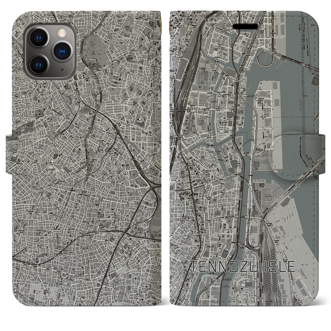 【天王洲アイル】地図柄iPhoneケース（手帳両面タイプ・モノトーン）iPhone 11 Pro Max 用