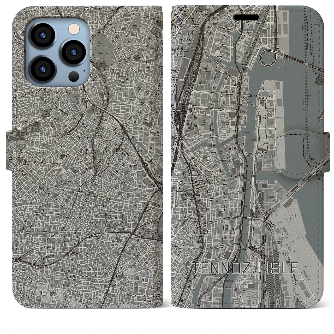 【天王洲アイル】地図柄iPhoneケース（手帳両面タイプ・モノトーン）iPhone 13 Pro Max 用