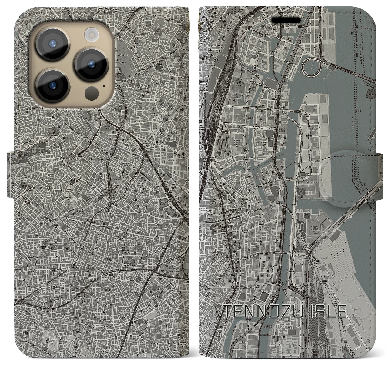 【天王洲アイル】地図柄iPhoneケース（手帳両面タイプ・モノトーン）iPhone 14 Pro Max 用