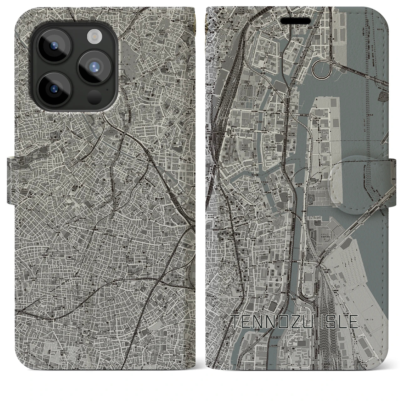 【天王洲アイル】地図柄iPhoneケース（手帳両面タイプ・モノトーン）iPhone 15 Pro Max 用
