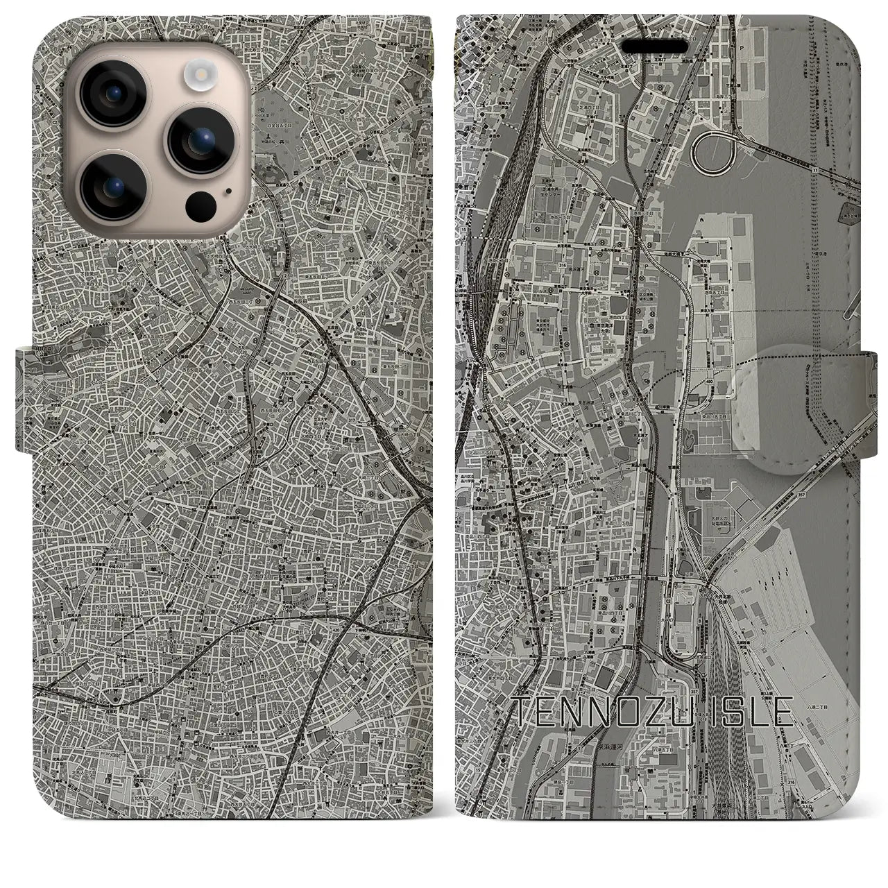 【天王洲アイル（東京都）】地図柄iPhoneケース（手帳タイプ）モノトーン・iPhone 16 Plus 用