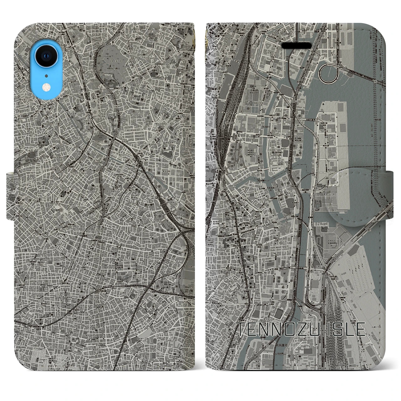 【天王洲アイル】地図柄iPhoneケース（手帳両面タイプ・モノトーン）iPhone XR 用